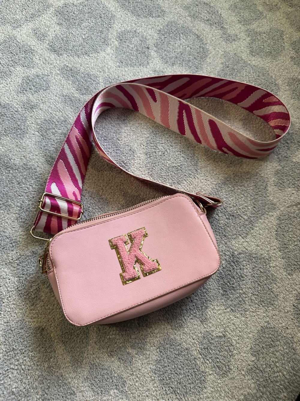 Walmart Pink Kids purse with pink zebra strap and K monogram patch